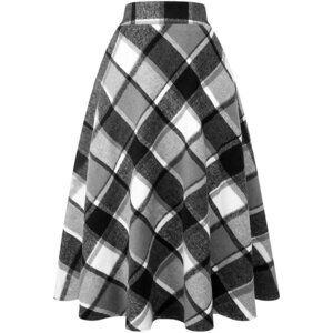 Womens Long Grey New Elastic Waist A-Line Pleated Tartan Long Plaid Wool Skirts